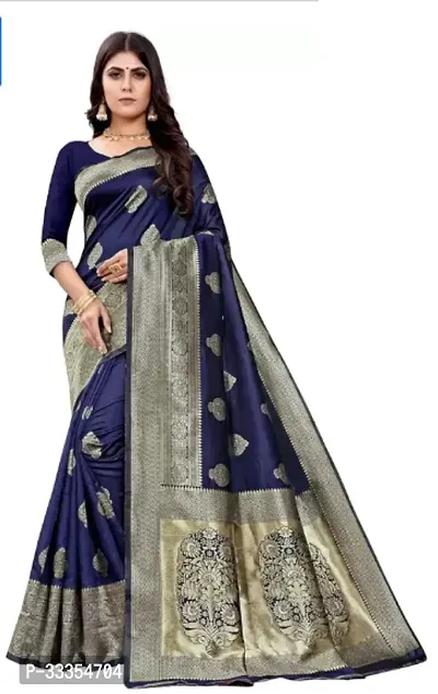 Beautiful Blue Cotton Silk Woven Design Saree with Blouse Piece For Women-thumb0