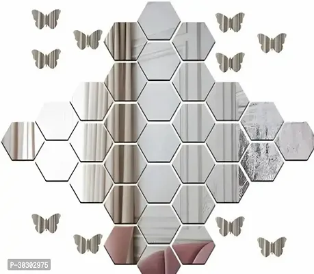 10.5 cm 30 Silver hexagon10 Butterflies 3DAcrylic Mirror Wall Sticker