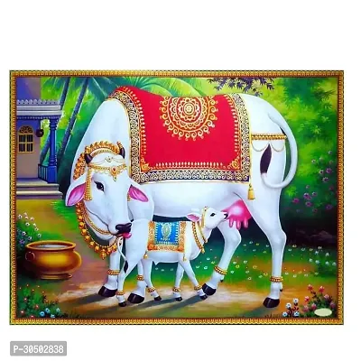 D creative Hindu Religious Kamdhenu Cow with Calf Unframed Wall Poster (Paper, 12 x 18 inch, Multicolour), multicolor-thumb0