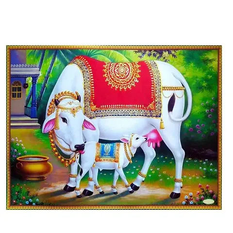 KARTMEN Hindu Religious Kamdhenu Cow with Calf Unframed Wall Poster (Paper, 12 x 18 inch, Multicolour), multicolor