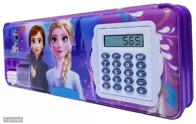 2022 Magnetic Pencil Box with Calculator   Dual Sharpener for Kids for School Barbie Big Size Cartoon Printed Pencil Case for Kids by Chama Enterprise ( Frozen )Plastic  Pack of 1
