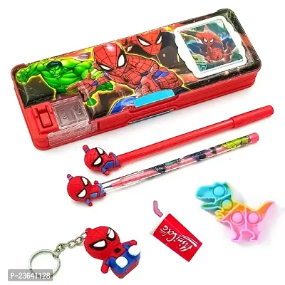 Spider Man Magnetic Pencil Box With Combo 5 Items 1 Pen 1 Pencil 1 Pop 1 Eraser 1 Key Chain ( SpiderMan ) Pack of 6