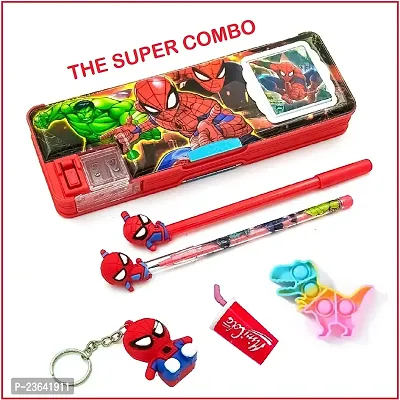 Spider Man Magnetic Pencil Box With Combo 5 Items 1 Pen 1 Pencil 1 Pop 1 Eraser 1 Key Chain ( SpiderMan ) Pack of 6