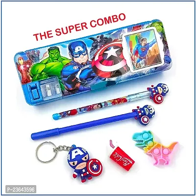 Avengers Magnetic Pencil Box With Combo 5 Items 1 Pen 1 Pencil 1 Pop 1 Eraser 1 Key Chain ( Avengers ) Pack of 6