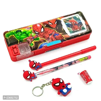 Rza Spider Man Magnetic Pencil Box With Combo 5 Items 1 Pen 1 Pencil 1 Eraser 1 Key Chain ( SpiderMan ) Pack of 5