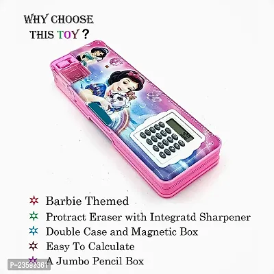 2023 Magnetic Pencil Box with Calculator  Dual Sharpener for Kids for School, Barbie Big Size Carto Pack of 1-thumb2