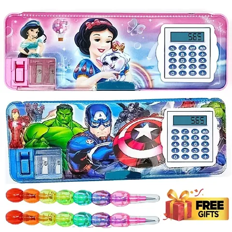 RZA 2 Sets OF Avengersz Barbiez Geometry Box /Pencil Box With Inbuilt Calculator  Pencil Sharpner  2 Rainbow pencils