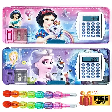 RZA 2 Sets OF Barbiez Frozenz Geometry Box /Pencil Box With Inbuilt Calculator  Pencil Sharpner  2 Rainbow pencils
