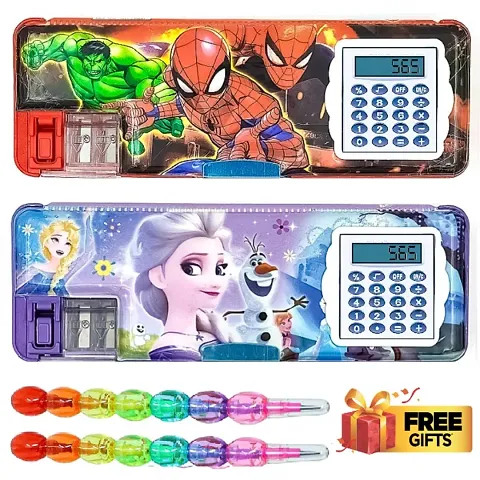 RZA 2 Sets OF SpiderManz Frozenz Geometry Box /Pencil Box With Inbuilt Calculator  Pencil Sharpner  2 Rainbow pencils