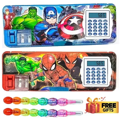 RZA 2 Sets OF SpiderManz Avengersz Geometry Box /Pencil Box With Inbuilt Calculator  Pencil Sharpner  2 Rainbow pencils
