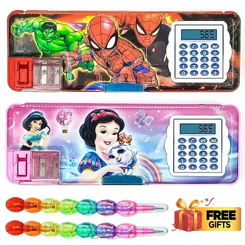 RZA 2 Sets OF SpiderManz Barbiez Geometry Box /Pencil Box With Inbuilt Calculator  Pencil Sharpner  2 Rainbow pencils