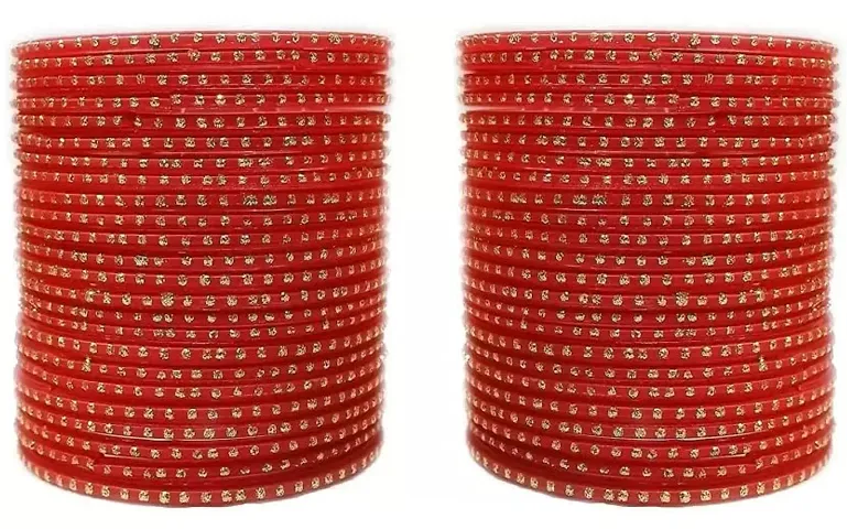 GLASS EMPIRE ZARI WORK OF GLASS BANGLES SET FOR WOMEN (PACK OF 48) (2.6, RED)