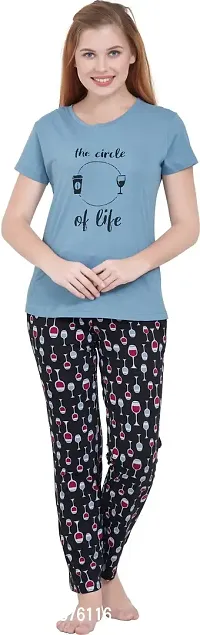 Women Printed Light Blue Top  Pyjama Set ()