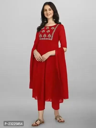 Manas Ethnic Women's Embroidered Georgette Regular Fit Elbow Length Sleeve Lightweight Casual Wear Kurti Pant Dupatta (B_1097)-thumb2