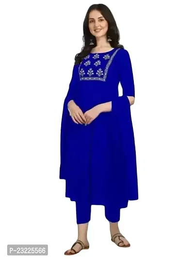 Manas Ethnic Women's Embroidered Georgette Regular Fit Elbow Length Sleeve Lightweight Casual Wear Kurti Pant Dupatta (B_1097)