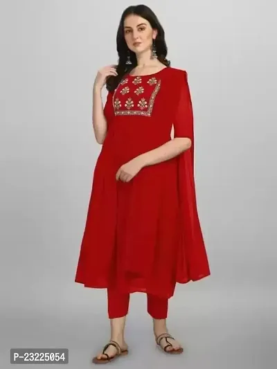 Manas Ethnic Women's Embroidered Georgette Regular Fit Elbow Length Sleeve Lightweight Casual Wear Kurti Pant Dupatta (B_1097)-thumb3