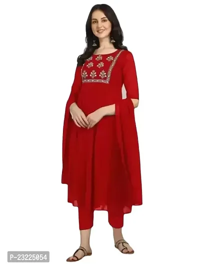 Manas Ethnic Women's Embroidered Georgette Regular Fit Elbow Length Sleeve Lightweight Casual Wear Kurti Pant Dupatta (B_1097)