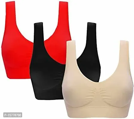 Women Cotton Spandex Non Padded Non-Wired Air Sports Bra (Pack of 3)