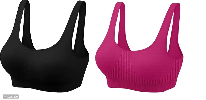 Sports Bra for Women  Girls, Cotton Non - Padded Full Coverage Beginners Non-Wired T - Shirt Gym Workout Bra With Regular Broad Strap, Training Bra for Teenager (Pack Of 2)-thumb0