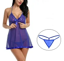 Women Babydoll Lingerie for Honeymoon Special Night Occasion with G -String Panty (Free Size, RoyalBlue)-thumb3