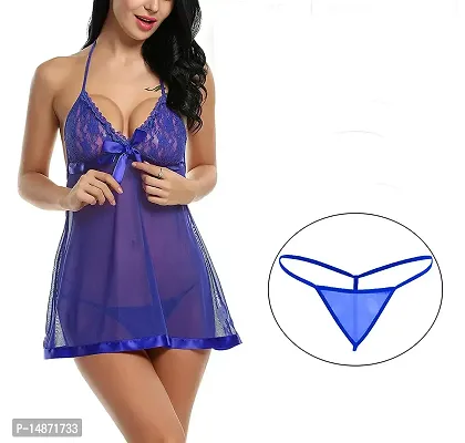 Women Babydoll Lingerie for Honeymoon Special Night Occasion with G -String Panty (Free Size, RoyalBlue)-thumb4