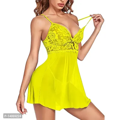 Feel Fire Women's Lace Solid Above Knee Baby Doll Lingerie Nighty Sleepwear (Free Size, Yellow)-thumb3