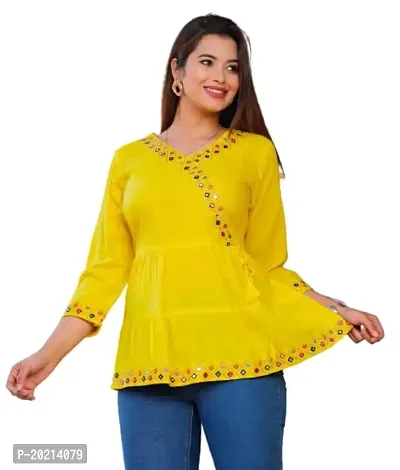 STYLE IN CREATION Rayon Printed Short Kurta Top with Heavy Print - Yellow, XXL