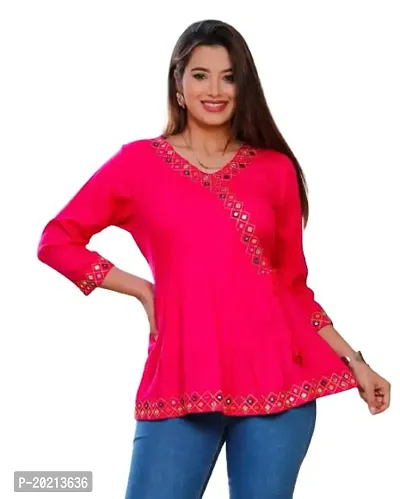 STYLE IN CREATION Rayon Printed Short Kurta Top with Heavy Print - Pink, XL