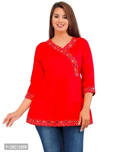STYLE IN CREATION Rayon Printed Short Kurta Top with Heavy Print - Red, XL