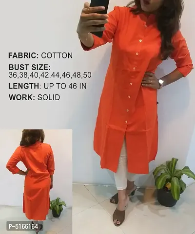 Stylish Cotton Blend Orange Solid A-Line Front Slit Kurta For Women-thumb0