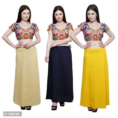 Pistaa combo of Women's Cotton Baige, Navy Blue and Yellow Color Best Indian Readymade Inskirt Saree petticoats-thumb0