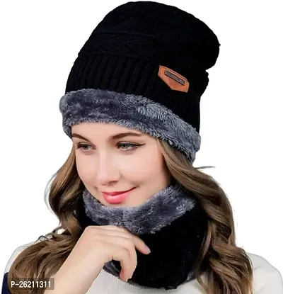 Woolen Winter Wear Cap with Neck Muffler Set Unisex-thumb0