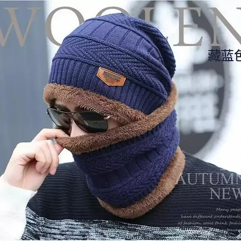 M-TEXITO Men's Woolen Cap with Neck Muffler/Neck Warmer Set, Unisex Wool Cap, Unisex Acrylic Knit Beanie Cap