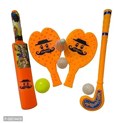 PRAPTI MART 3 in 1 Super Combo Plastic BAT - Ball, Racket  Hockey for Kids Indoor Outdoor Toys Age 2 Year +-thumb0