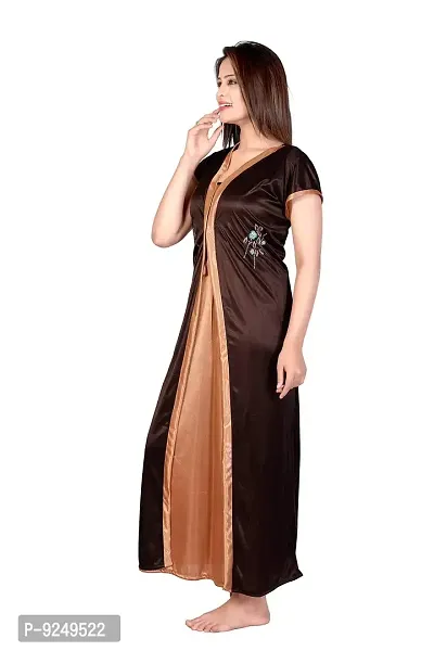 Bailey sells Women's Satin Embroiderd Slip  Robe (BLY0151_Brown  Beige_Free Size)-thumb3