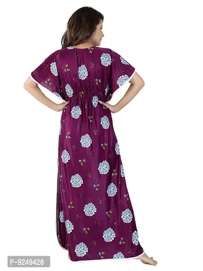 V - VENZA Women's Satin Kaftan Free Size Night Gown Lightweight Sleepwear Soft Knit V-Neck Casual Ladies Loungewear Printed Nightsuit Nightdress Wine-thumb2