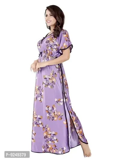 V - VENZA Women's Satin Kaftan Free Size Night Gown Lightweight Sleepwear Soft Knit V-Neck Casual Ladies Loungewear Printed Nightsuit Nightdress Purple-thumb2