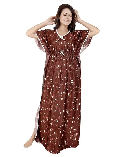 V - VENZA Women's Satin Kaftan Free Size Night Gown Lightweight Sleepwear Soft Knit V-Neck Casual Ladies Loungewear Nightsuit Nightdress