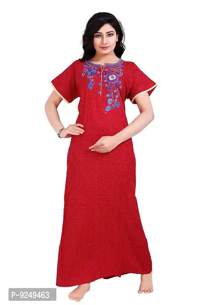 BAILEY SELLS Women's Cotton Embroidered Maxi Nighty Nightgown Free Size (Red)-thumb0