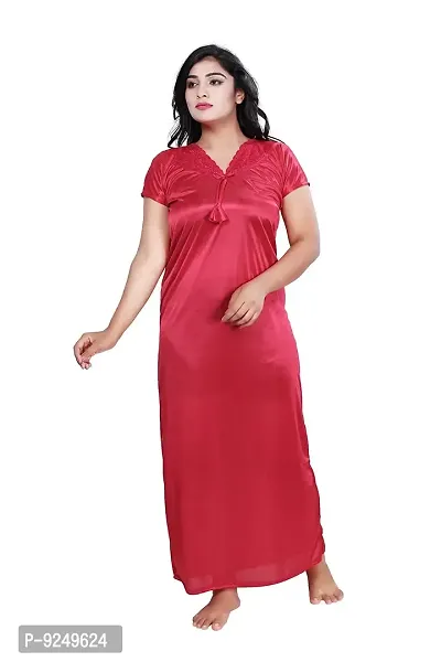 BAILEY SELLS Satin Free Size Night Gown Nighty for Women (Red)-thumb0