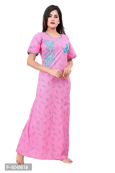 BAILEY SELLS Women's Cotton Embroidered Maxi Nightgown (BAILEY1731_Pink_Free Size)-thumb3