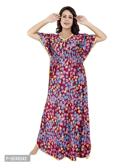 V - VENZA Women's Satin Kaftan Free Size Night Gown Lightweight Sleepwear Soft Knit V-Neck Casual Ladies Loungewear Printed Nightsuit Nightdress Maroon-thumb0