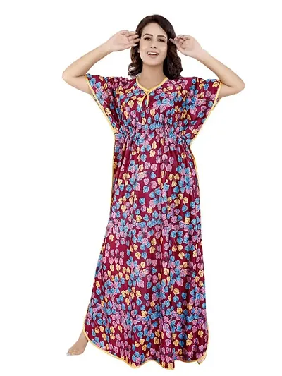 V - VENZA Women's Satin Kaftan Free Size Night Gown Lightweight Sleepwear Soft Knit V-Neck Casual Ladies Loungewear Nightsuit Nightdress