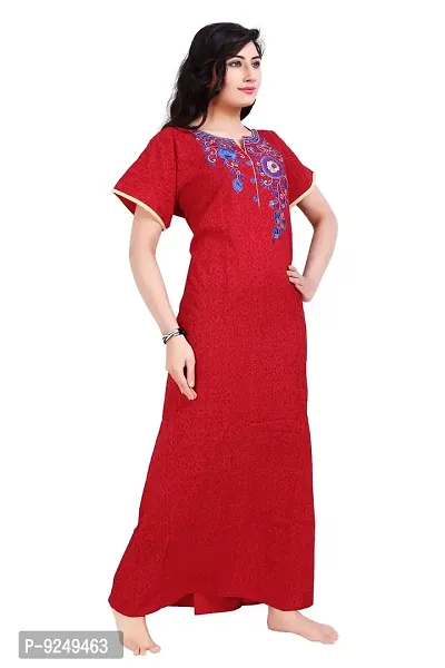 BAILEY SELLS Women's Cotton Embroidered Maxi Nighty Nightgown Free Size (Red)-thumb2
