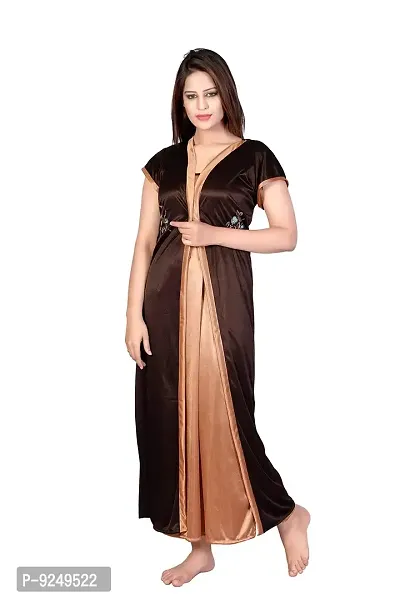 Bailey sells Women's Satin Embroiderd Slip  Robe (BLY0151_Brown  Beige_Free Size)-thumb2