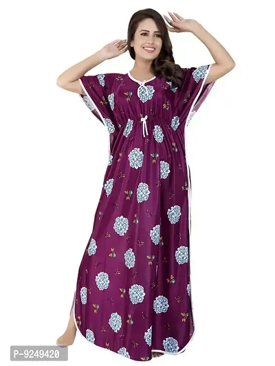 V - VENZA Women's Satin Kaftan Free Size Night Gown Lightweight Sleepwear Soft Knit V-Neck Casual Ladies Loungewear Printed Nightsuit Nightdress Wine-thumb0