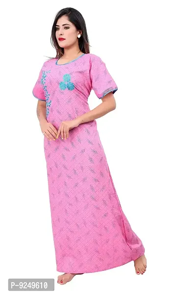 BAILEY SELLS Women's Cotton Embroidered Maxi Nightgown (BAILEY1731_Pink_Free Size)-thumb2