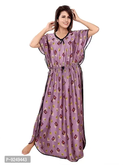 BAILEY SELLS Women's Satin Floral Print Kaftan Maxi Nightgown (BAILEY1745_Purple)