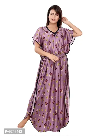 BAILEY SELLS Women's Satin Floral Print Kaftan Maxi Nightgown (BAILEY1745_Purple)-thumb5
