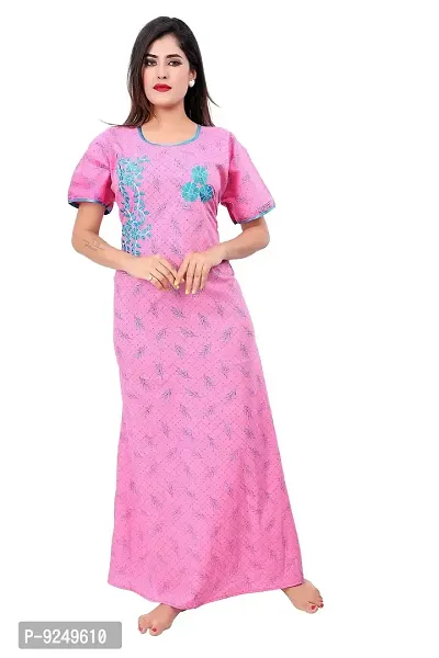BAILEY SELLS Women's Cotton Embroidered Maxi Nightgown (BAILEY1731_Pink_Free Size)-thumb0